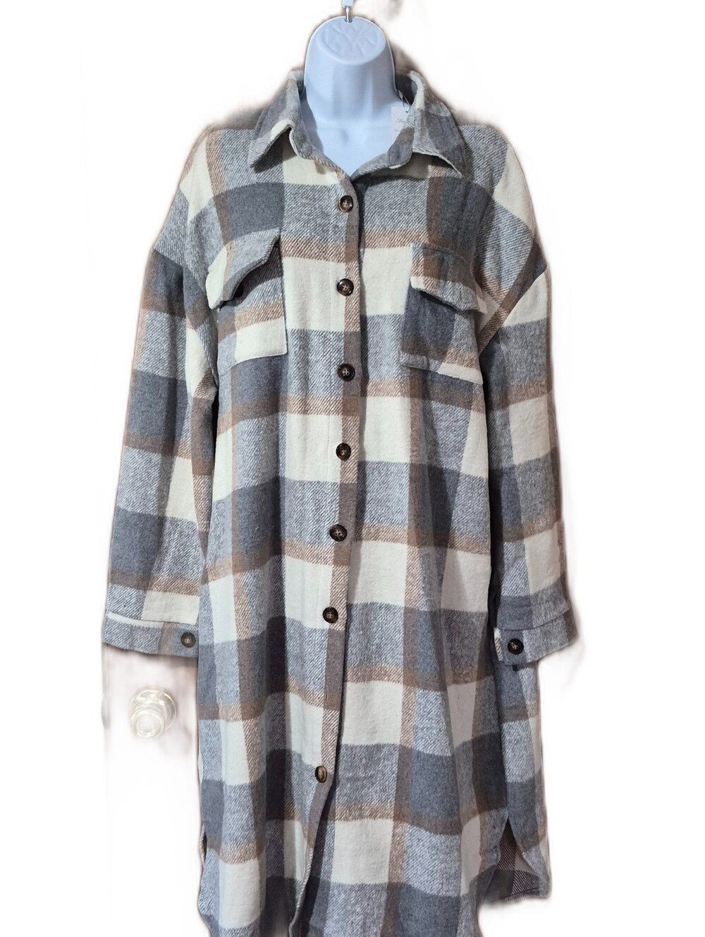 Fantaslook Plaid Long Shacket Lapel Collar Button Down Oversized Boyfriend Style